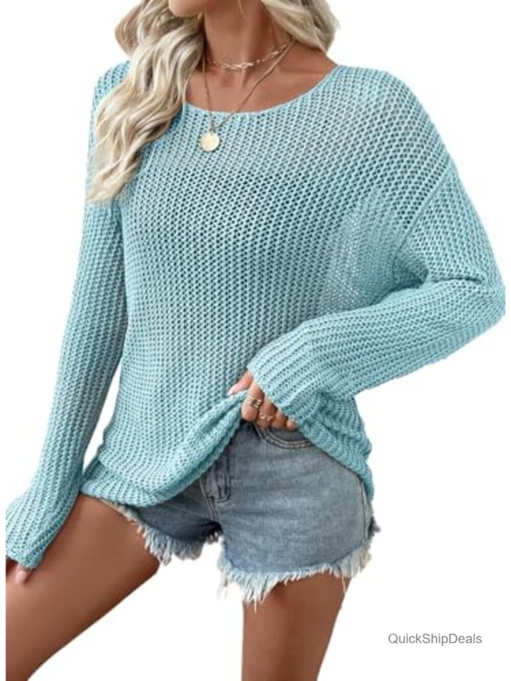 Crochet Sweater Hollow Out Knit Long Sleeve Crew Neck Pullover Beach Coverup